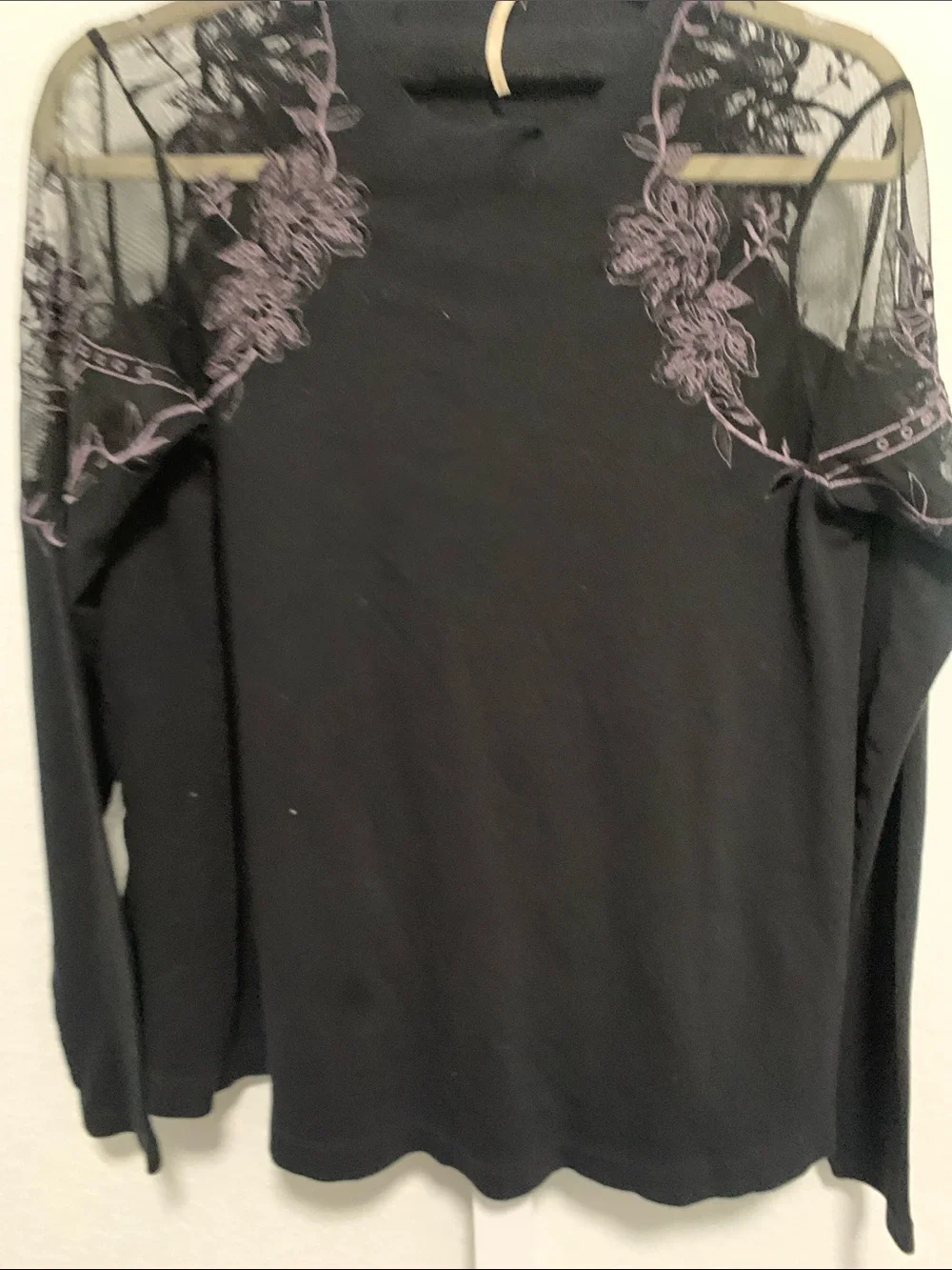 Free People Black Boho Long-Sleeve Top with Floral Embroidered Mesh Yoke